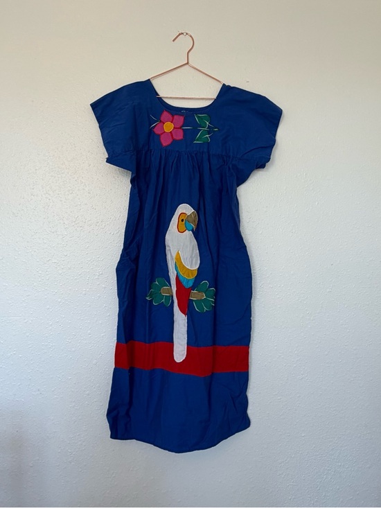 Dresses & Skirts - Blue Mexican Embroidered Parrot Dress with Red Band check measurements